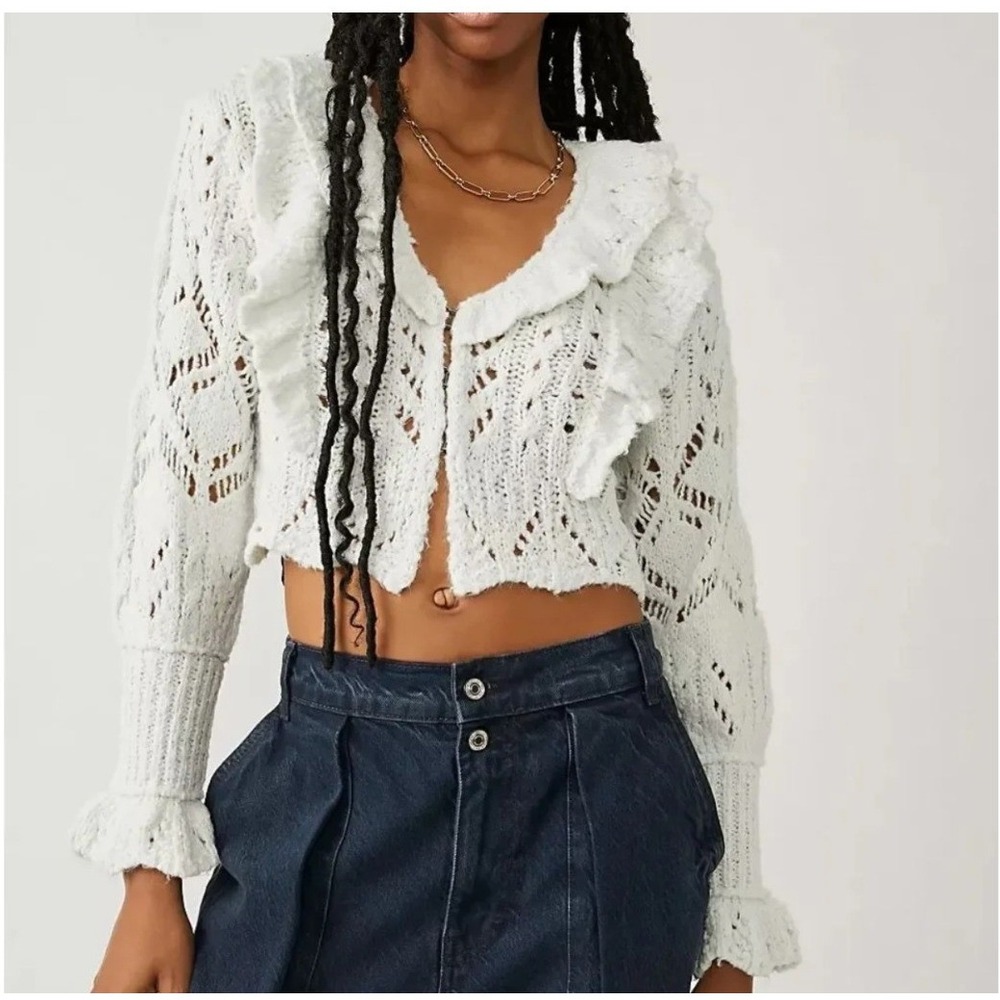 Free People Cropped Avery Ruffle Icicle Cardigan Size XS